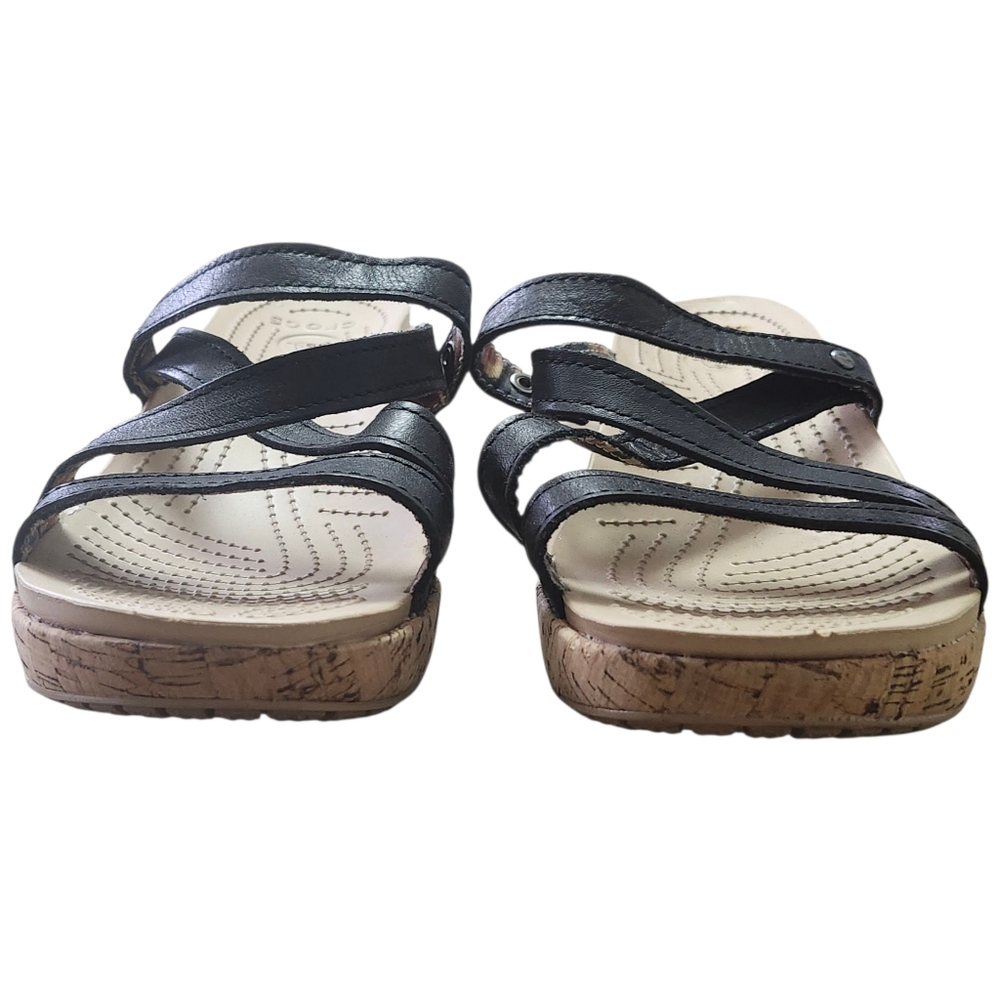 Crocs Black and Tan A-leigh Leather Wedge Sandals. Sz. 9 - Picture 4 of 8